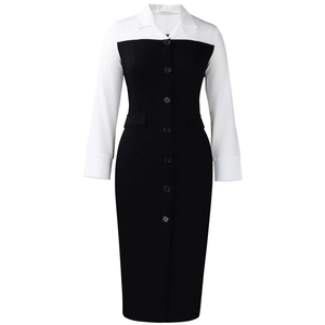 Detail of contrast lapel and button closure on professional long sleeve pencil dress