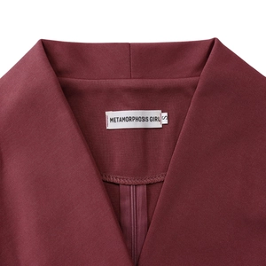 Detail of burgundy dress collar showing the Metamorphosis Girl label and zipper finish