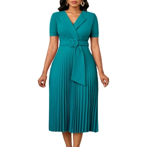 Detail of teal pleated dress featuring a V-neck lapel and matching waist belt buckle