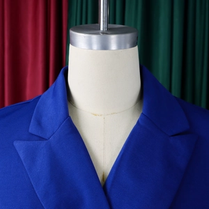 Detail van een koningsblauwe blazer met reverskraag op een kleermakerspop