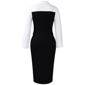 Back view of professional color-block pencil dress with long sleeves and black skirt