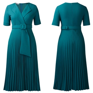 Detail of teal V-neck pleated dress featuring short sleeves and a matching fabric belt