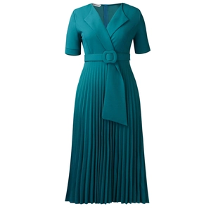 Detail of V-neck lapel and matching belted waist on elegant pleated dark teal dress