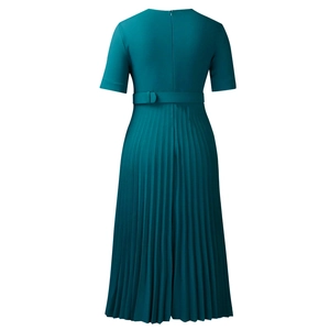 Rear view of midi pleated dress with short sleeves and invisible back zipper in teal color