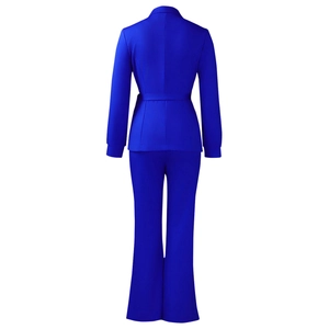 Achteraanzicht van een koningsblauw dames broekpak met getailleerde blazer en ceintuur