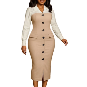 Detail of elegant two-tone dress with long sleeves, black buttons and decorative pockets