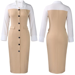 Detail of office pencil dress with contrast white sleeves and beige buttoned body