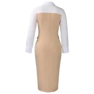 Back view of professional pencil dress featuring white shirt collar and beige contrast