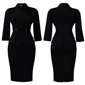 Front and back view of a slim black business dress with notched lapel and button detail