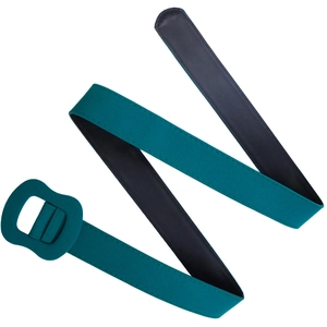 Detail view of peacock blue wide fabric belt with fabric-wrapped buckle and stitching