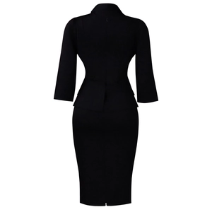 Back view of a black bodycon dress featuring 3/4 sleeves, a peplum waist, and back slit detail