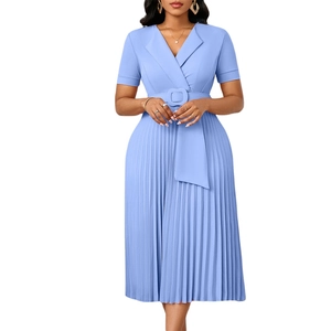 Detail of light blue V-neck pleated dress with fabric belt and high waist for women