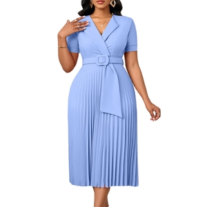 Close-up of sky blue pleated dress featuring a V-neckline and matching fabric belt