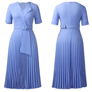 Detail of light blue short-sleeved pleated dress with V-neck collar and matching belt