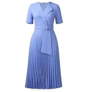 Close-up of light blue pleated dress featuring a chic lapel collar and matching fabric belt