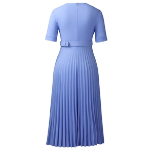 Detail view of the pleated light blue dress featuring an invisible back zipper and waist belt