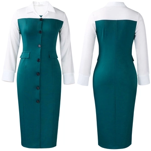 Front and back view of a slim pencil dress with dark green body and white sleeves