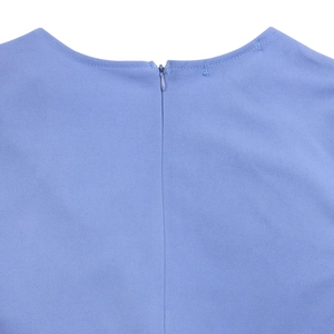 Detail of light blue dress showing round neck and invisible back zipper stitching