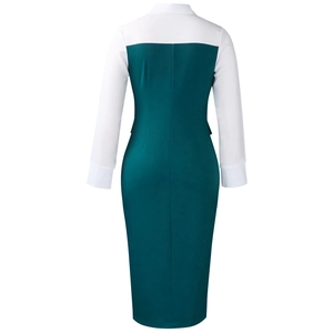 Rear view of long sleeve pencil dress in dark green with white contrast collar detail