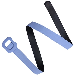 Detail of blue suede belt with matching square buckle and black leather lining