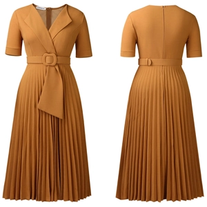 Detail of ginger yellow pleated midi dress with V-neckline and matching belt