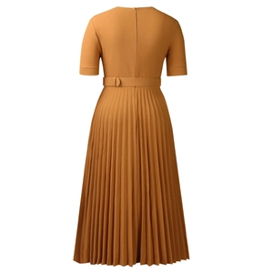 Detail view of the back of a pleated brown dress with long zipper and waist belt