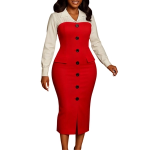 Detail of red and white paneling on office pencil dress with button and slit accents