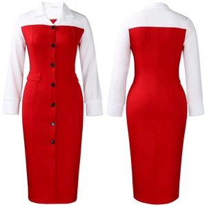 Detail of red and white long sleeve midi dress with lapel collar and buttons