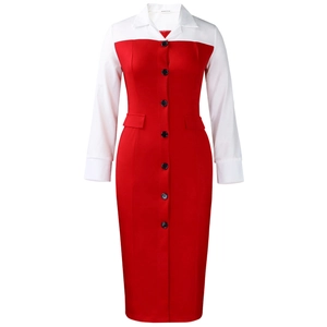 Detail view of red pencil dress featuring white lapel collar and black button closure