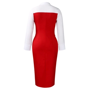 Detail of red and white color-block long sleeve bodycon dress with high neckline
