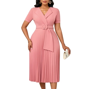 Detailed view of pink short sleeve pleated dress featuring V-neck and square buckle belt
