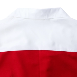 Close-up of back view showing red and white color block design on professional pencil dress