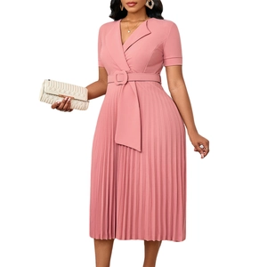 Close-up of pink pleated dress with lapel collar and matching fabric belt detail