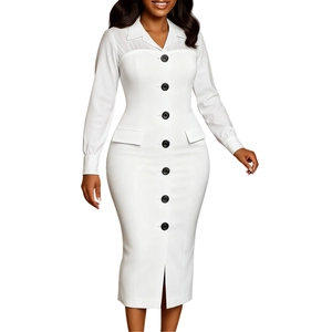 Detail of white pencil dress showing notched collar and large decorative black buttons
