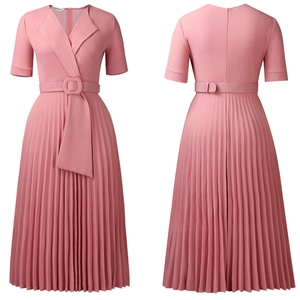 Front and back view of pink V-neck pleated midi dress with matching waist belt