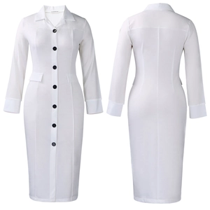 Front and back detail of white long sleeve pencil dress with black buttons and lapel