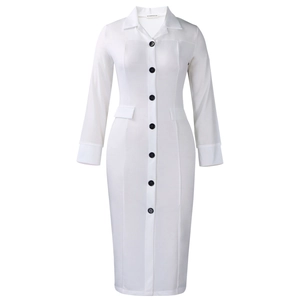 Detail of white long sleeve pencil dress featuring notch lapels and black buttons