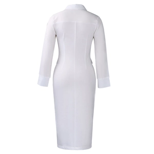 Back view of white long sleeve pencil dress showing slim fit waist and vertical seams