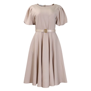Detail of elegant beige puff sleeve dress with a golden buckle waist belt and crew neck