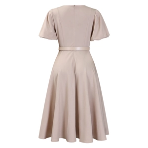 Back view of beige A-line dress with bubble sleeves and matching slim waist belt