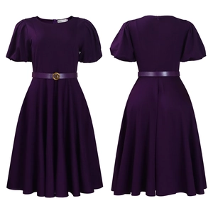 Detail view of purple puff sleeve A-line dress showing the front and back zipper closure