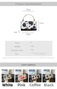 Vue détaillée du petit sac motif vache avec poignée en métal et tableau des tailles