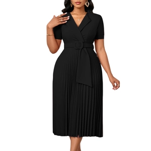 Detail view of black V-neck pleated midi dress with short sleeves and matching belted waist