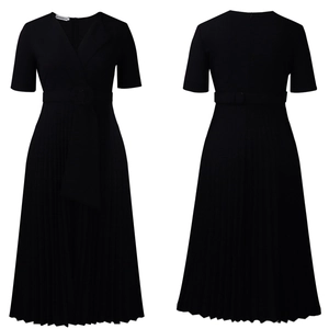 Front and back view of a black V-neck short sleeve pleated midi dress with a waist belt