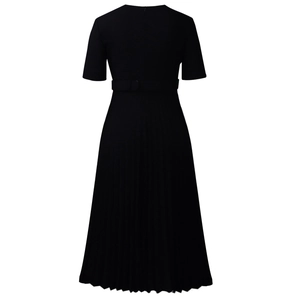 Back view of a black short sleeve pleated midi dress with high waist detail