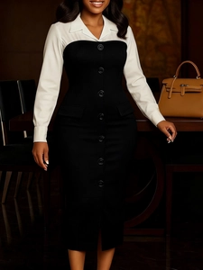 Elegant long sleeve professional pencil dress in black and white patchwork style