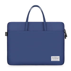 Minimalist navy blue laptop handbag with durable handles and a stylish fashion tag
