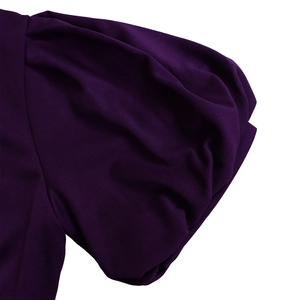 Close-up of deep purple elegant A-line dress showing puffy sleeve pleats and fabric texture