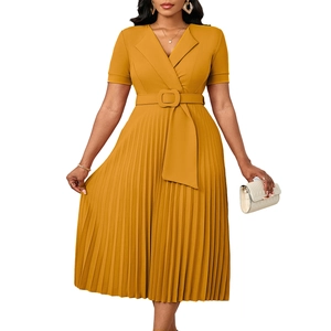 Close-up of mustard yellow V-neck pleated maxi dress with matching square buckle belt
