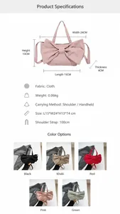Detailed size specifications and color variants for the bow knot shoulder bag